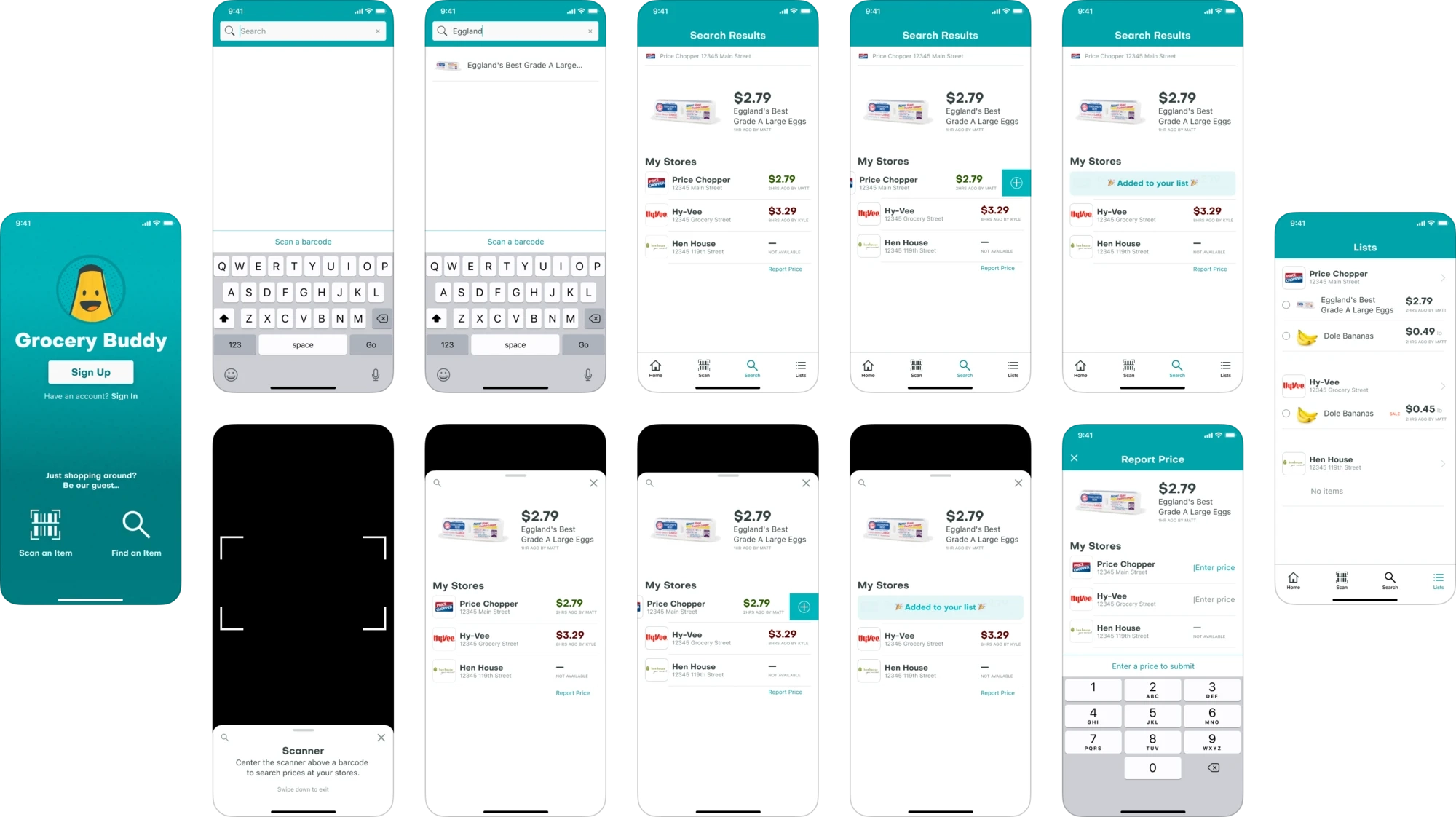 Grocery Buddy screen designs laid out in a grid: splash, search, search results, add to list, barcode scanner, report price, and lists