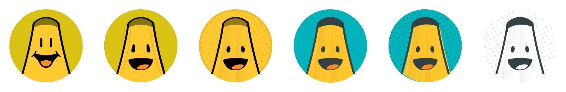 Six explorations of the Grocery Buddy mascot icon in different background colors, textures, and expressions