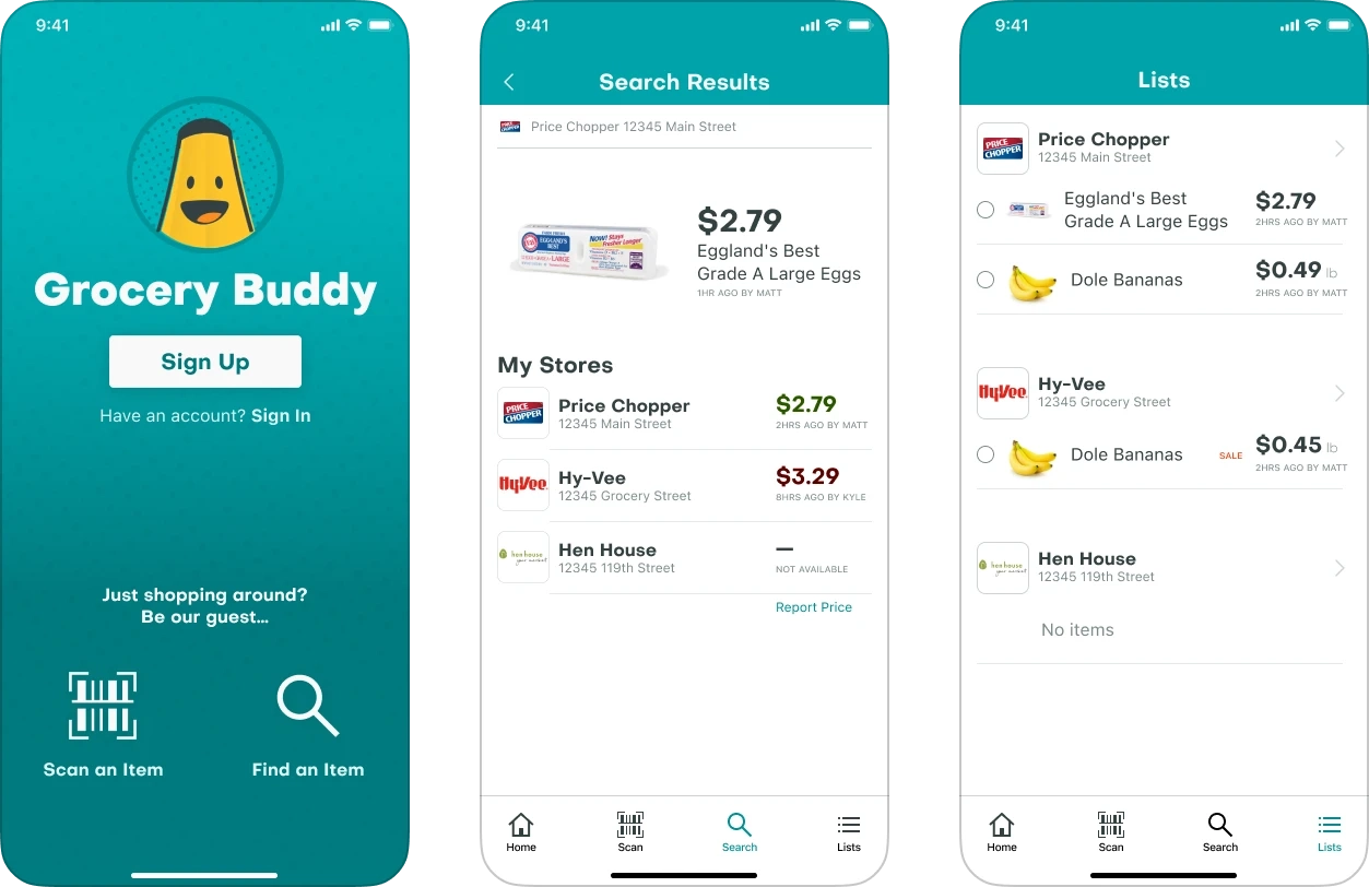 Grocery Buddy app screens: sign up, search results with prices at nearby stores, and shopping lists